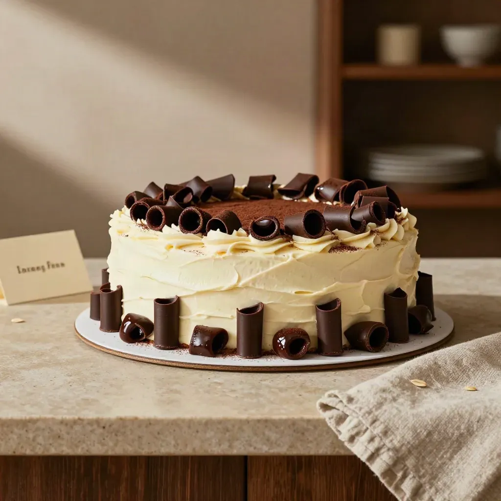 Torta al cacao con frosting crema e praline su banco di pasticceria