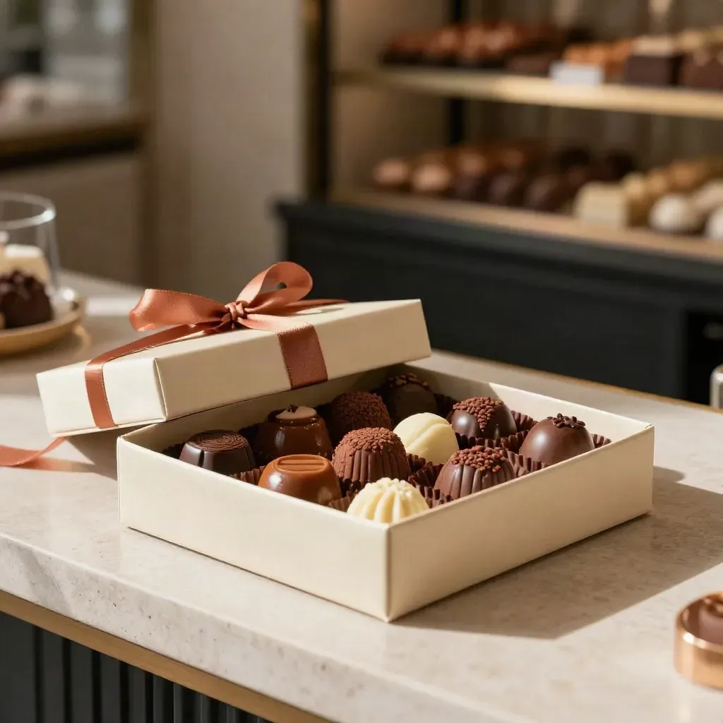Scatola regalo di praline aperta con nastri e tessuto satinato su banco di pietra.