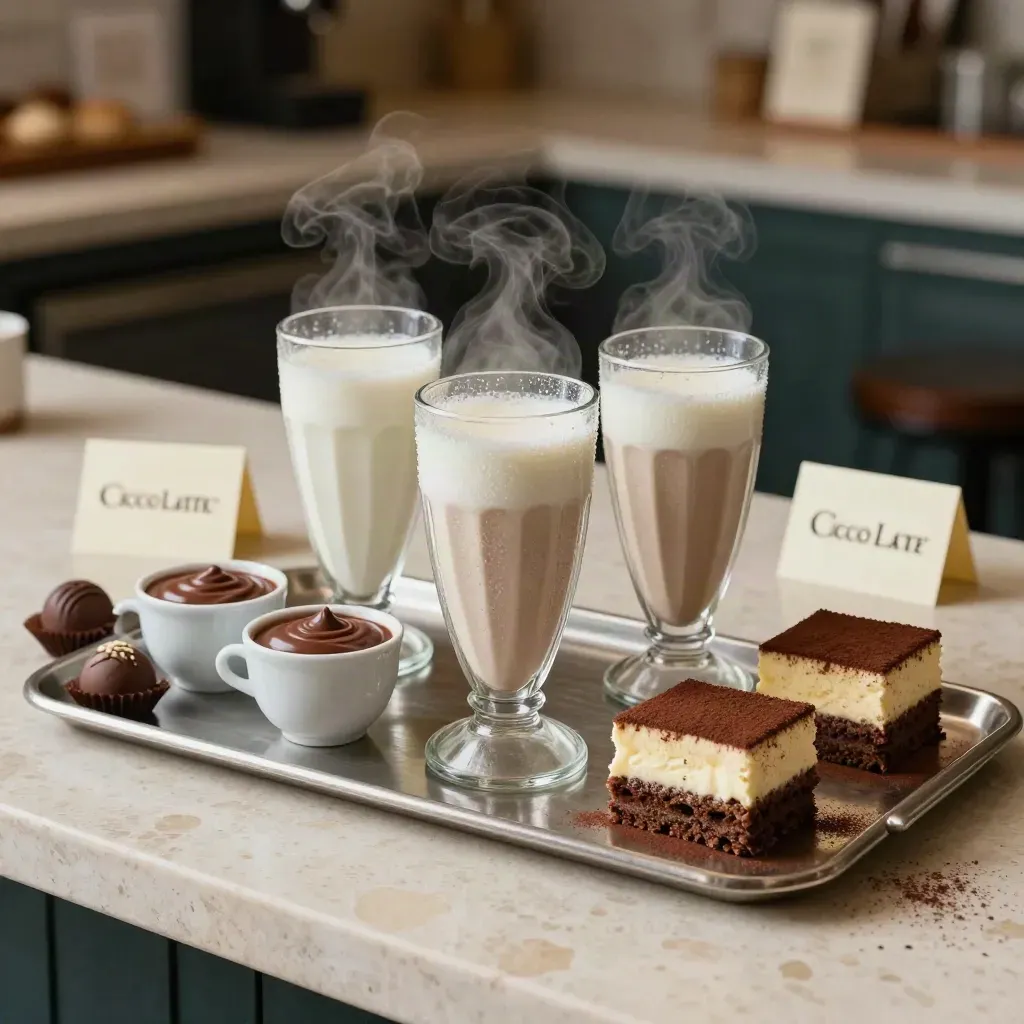 Vassoio condiviso con milkshake, cioccolata calda e mini fette di torta su travertino chiaro.