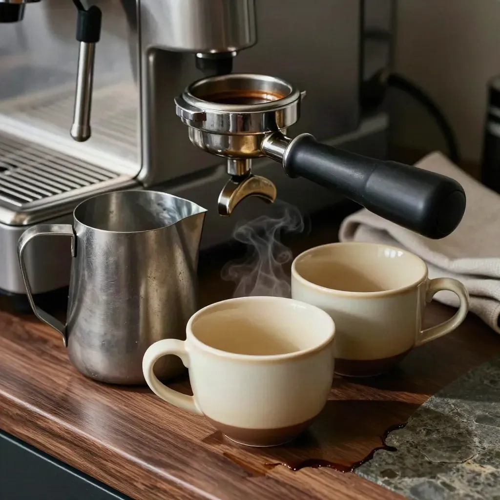 Portafiltro, tamper, bricco del latte e tazze su banco da caffetteria, luce drammatica.