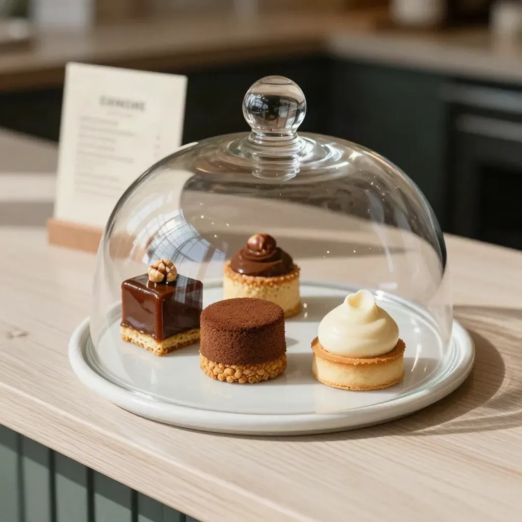 Cupola di vetro con tre mini dolci su piatto ceramico, su legno chiaro.