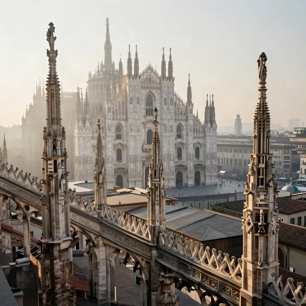Le guglie del Duomo di Milano nella nebbia dell’alba sopra i tetti della città.