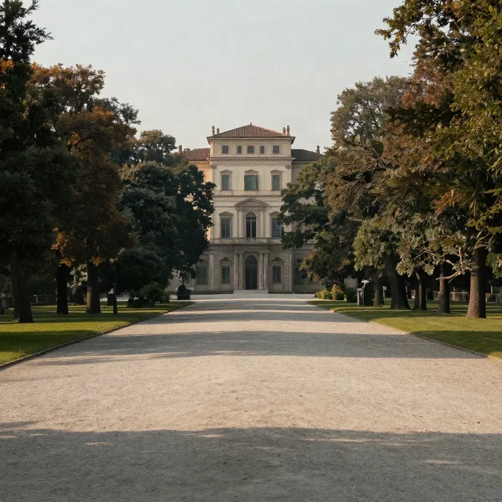 Villa Reale e alberi del Parco di Monza al tramonto, con prato aperto in primo piano.
